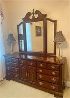 Broyhill dresser with tri fold mirror solid wood