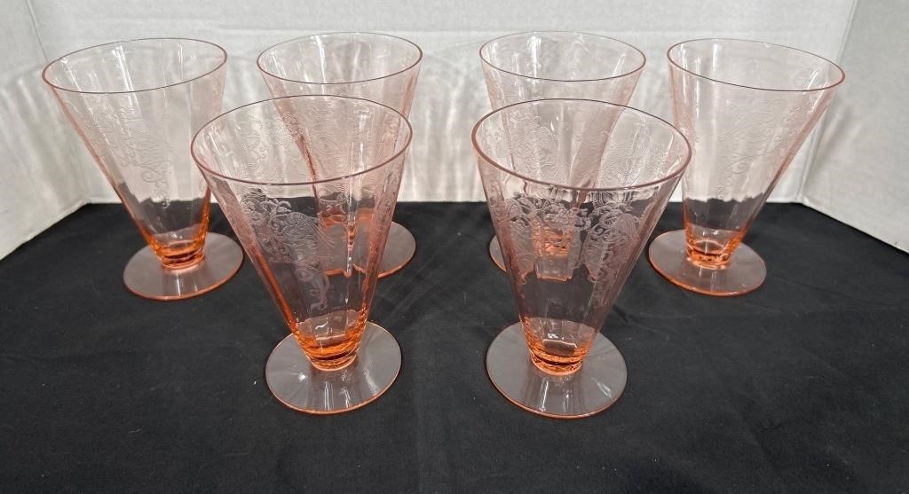 Peach Depression Footed Etched Water Glasses