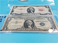 Lot of 2  1957 B silver certificate, 1953 $2 red n