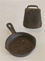 VTG CAST IRON MINI PAN AND CAST IRON COW BELL