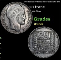 1933 France 20 Franc Silver Coin KM# 878 Grades Se