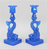 Pair Pressed Glass Dolphin Candlesticks