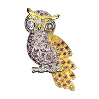 Natural Tanzanite & Rhodolite Garnet Owl Brooch