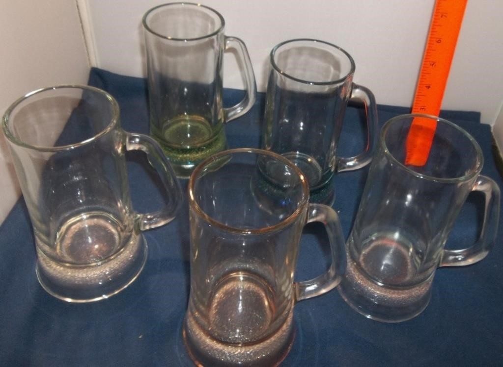 5 Colored Glass Beer Mugs