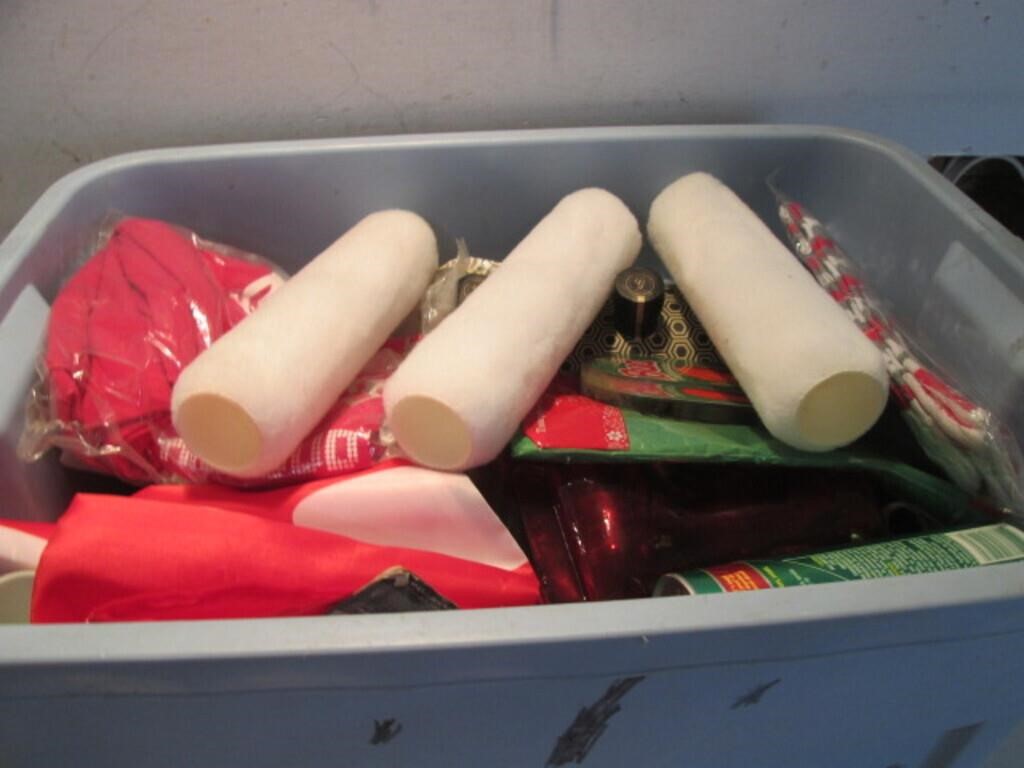 PLASTIC TOTE FILLED WITH VARIOUS ITEMS