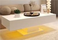 High Gloss Coffee Table with LED Lights, White - U