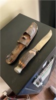 Bone stag hunting knife with leather sheath