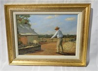 OIL ON PANEL OF FARMER BY G BOWMAN 18x14