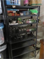 METAL SHELF WITH CONTENTS, CANNING JARS, OLD AUTO