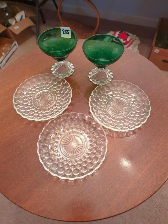 2 green with clear pedestal sherbert glasses and