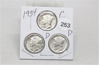 1934P/D/D Mercury Dimes