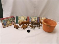 Wooden Safari Animals; Woven Basket; Teddy Bear