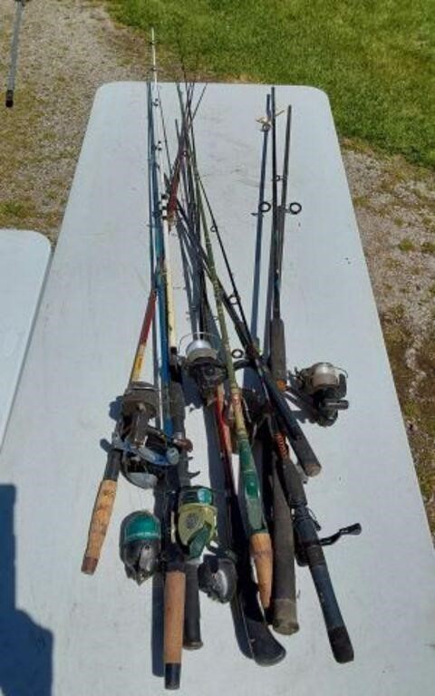 FISHING POLE LOT- MANY RODS AND REELS-
VARIOUS