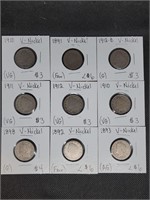 Lot of 9 V-Nickels: 1891, 1892, 1893, 1898,