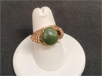 14K Gold Olive Green Jade Ring