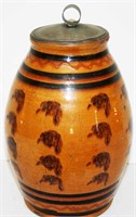 Shooner 9"H Redware Decorated Storage Jar w/ Tin