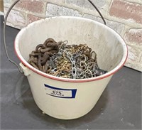 VINTAGE ENAMEL BUCKET WITH ASSORTED CHAINS