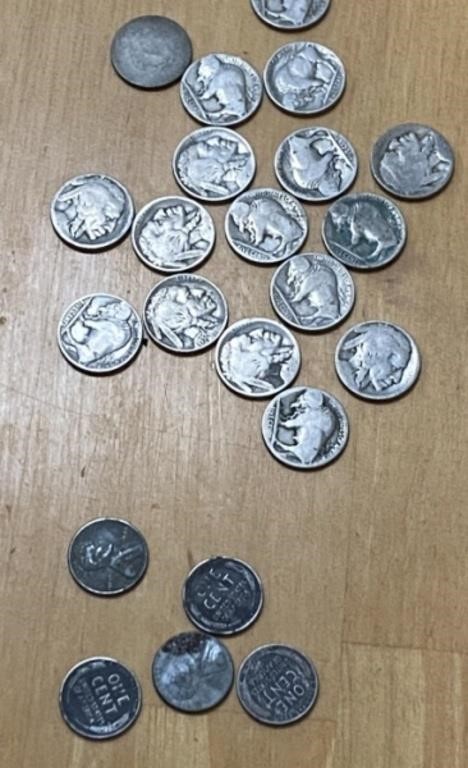 17 Buffalo Nickels and 5 Steel Pennies