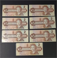 7 x Canada Two Dollar Bills 1986 Circulated