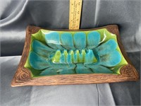 Vintage funky pottery ashtray blue and green