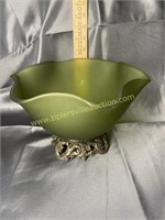 Green satin glass fruit bowl with metal base