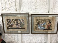 Pair Papyrus Egyptian Art Hand Painted & Signed