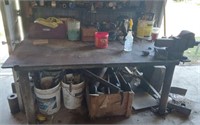 HEAVY METAL TABLE WITH BENCH VISE- NO CONTENTS
