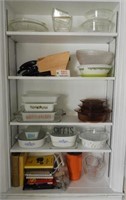 Contents of kitchen shelving unit: Qty of