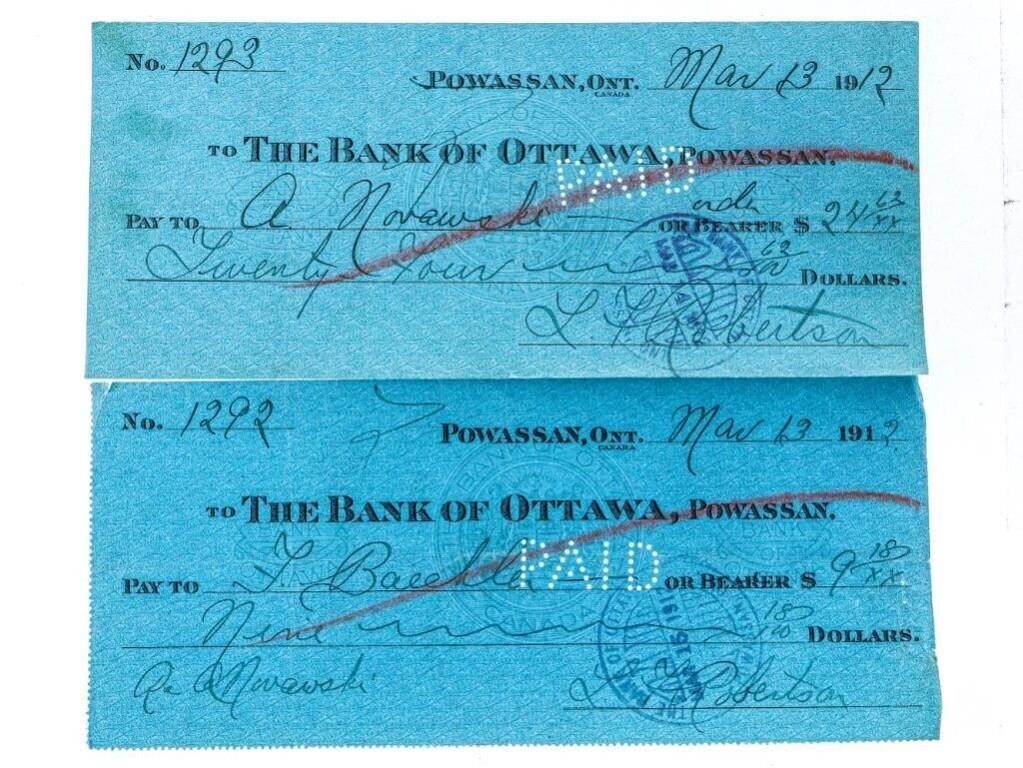Antique - Bank of Ottwaw, POWASSAN. 2 x Cheques Da