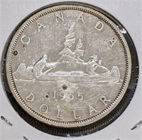 1955 Canadian Silver $1 Dollar Coin (ARN, No Die B