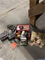 Assorted wooden nickels and antique collectibles