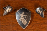 Thai Decorative Shield Sterling Brooch & Earrings