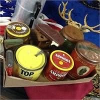 Collection of tobacco tins, pipe tobacco stand