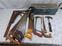 Vintage tool box with 6 saws, grease gun, hammer