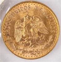 Coin 1945 Mexico 2 Peso Gold Coin. Brilliant Unc.