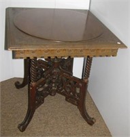 Victorian lamp table with ornate design. Measures