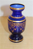 BLUE GLASS VASE WITH GOLD LEAF DETAILS