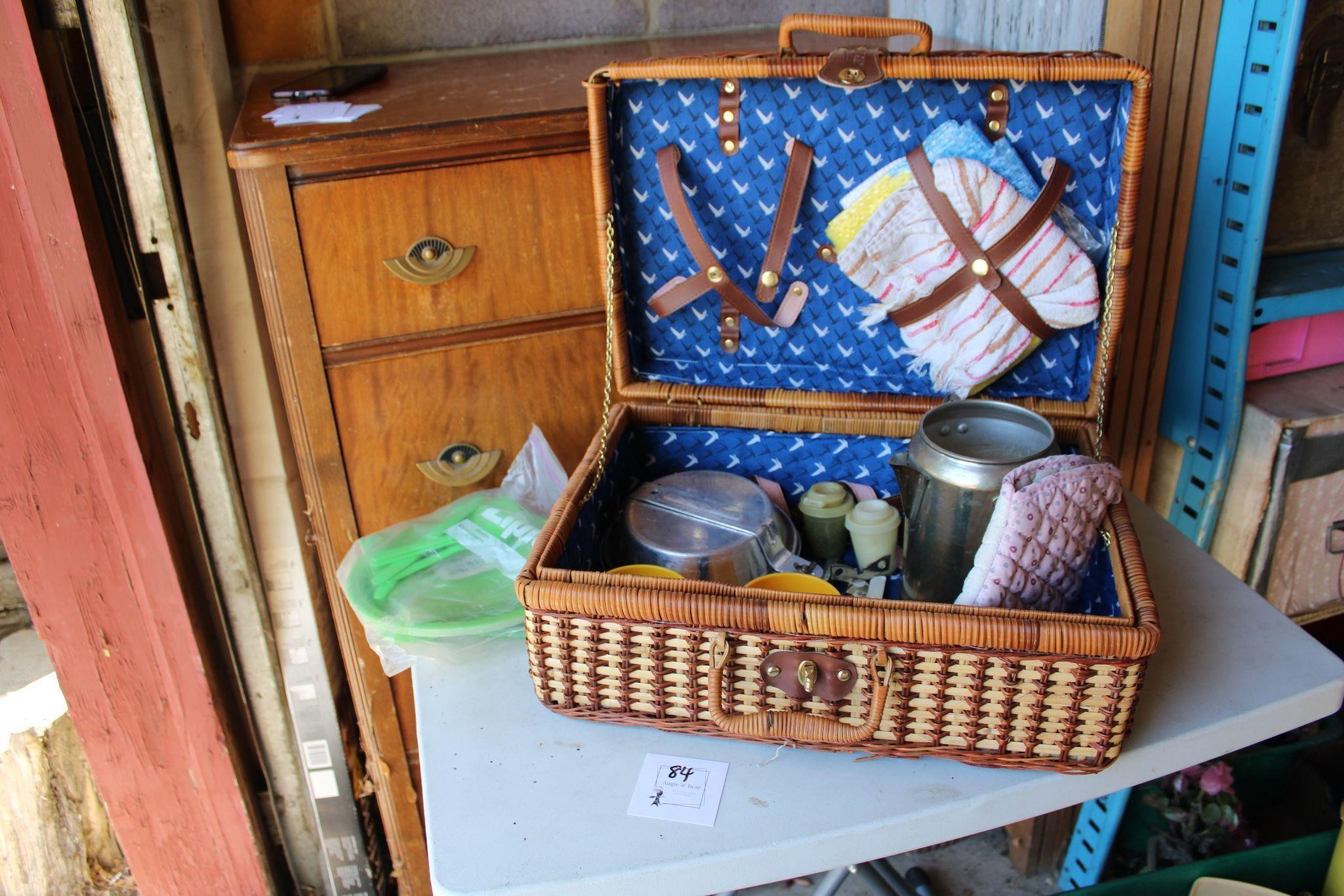 Vintage Picnic Basket with camping stuff