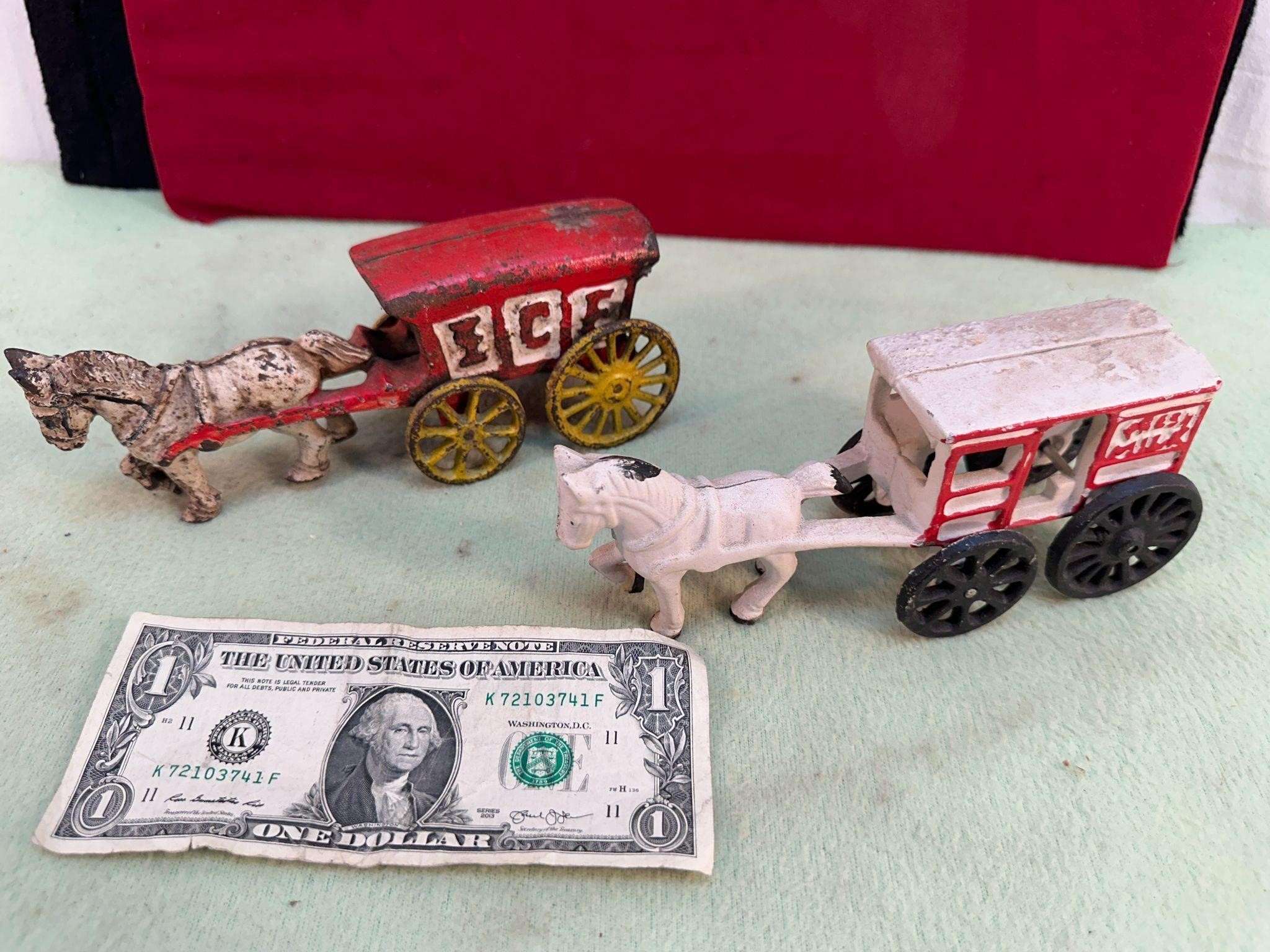 *2 CAST IRON HORSE DRAWN DELIVERY CARTS ICE & MILK