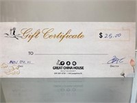 $25 Gift Certificate Great China House Restaurant