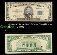 1953A $5 Blue Seal Silver Certificate Grades vf+