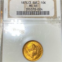1874/3 Swedish Gold 10 Kronor NGC - MS65