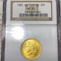 1883 Switzerland Gold 20 Francs NGC - MS63