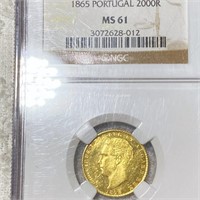 1865 Portugal Gold 2000 Reis NGC - MS61