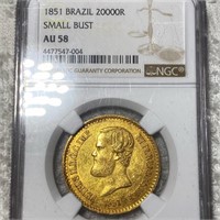 1851 Brazil Gold 20000 Reis NGC - AU58 SML BUST