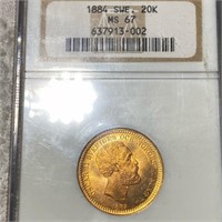 1884 Swedish Gold 20 Kronor NGC - MS67