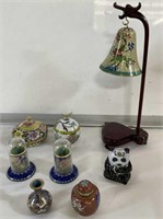 Group of cloisonné vases, trinket boxes, bell