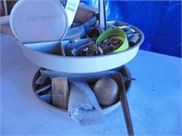 vintage metal tool turntable, glass knobs, misc