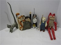 5 Wood Cat Figurines--2 Signed