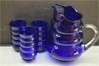 Royal Blue Glass Beehive Pitcher & Glasses